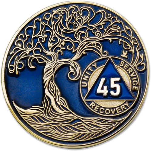 Miniatura 264 de 20 Year Sobriety Mint Twisted Tree of Life - Medallón de recuperación AA chapado en oro, fichas y fichas, color negro