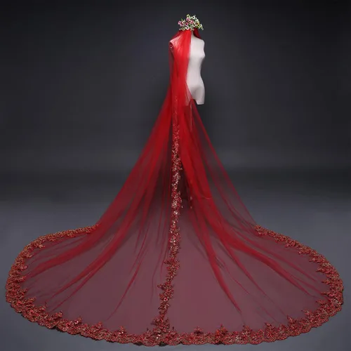 Miniatura 3 de Velo de novia, rojo de una sola capa, borde de encaje, 9.8 ft de largo, velo de cola ensanchada, con peine, adecuado para fotografía de boda, foto