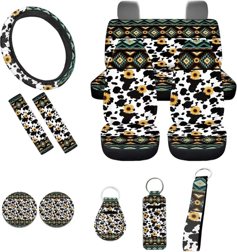 Miniatura 26 de Accesorios estéticos para automóvil, juego completo de fundas de asiento de automóvil con flores bohemias para mujeres, damas, juego de decoración