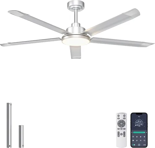 Miniatura 20 de Ohniyou Ventilador de techo de 60 pulgadas sin luz, ventilador de techo industrial plateado con control remoto/aplicación, aspas de aluminio, motor