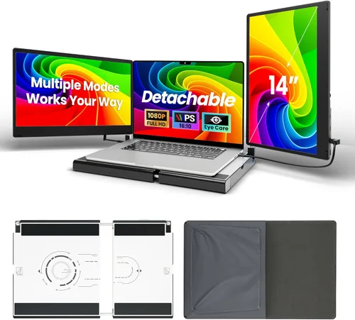 Extensor de pantalla para laptop, monitor portátil triple FHD 1080P de 14 pulgadas para portátiles, base elástica y pantalla desmontable, Plug &