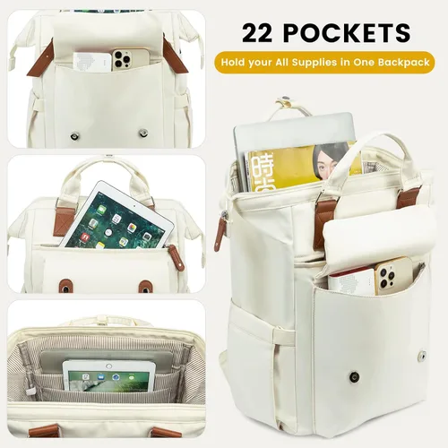 Miniatura 3 de Mochila para computadora portátil para mujer, mochila de viaje para trabajo, viajes y viajes, bolsas escolares universitarias, Beige-Marrón, 17,3