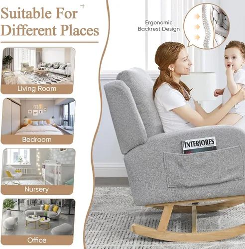 Miniatura 5 de JEEOHEY Mecedora para guardería, mecedora tapizada con respaldo alado, mecedora con respaldo alto cómodo, reposabrazos curvado, almohada lumbar