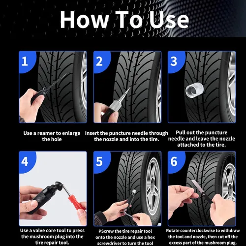 Miniatura 4 de Kit de reparación de pinchazos de neumáticos sin cámara con tapón de seta, repara pinchazos y neumáticos planos para motocicletas, automóviles