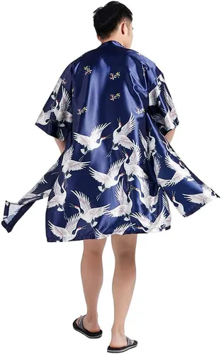 HAORUN Abrigo kimono japonés para hombre, holgado, Yukata, albornoz largo, tops vintage, Azul marino satinado.