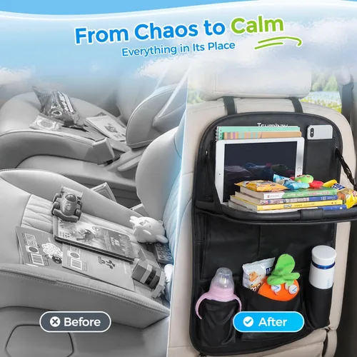 Miniatura 2 de Tsumbay Organizador de asiento trasero de automóvil con soporte para tableta, 9 bolsillos de almacenamiento, bandeja de mesa plegable, protectores