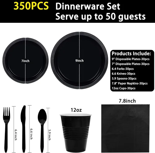 Miniatura 7 de MirthMood - 350 platos desechables negros, platos negros, suministros de plástico para fiestas, incluye 50 platos llanos, 50 platos de ensalada, 50