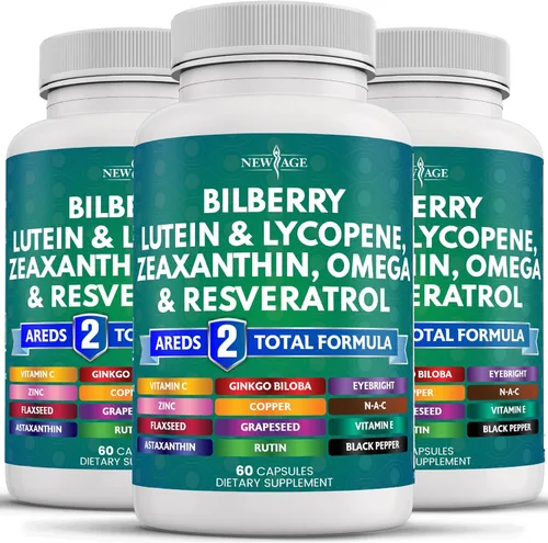 NEW AGE Vitaminas para la salud ocular con arándano, luteína y zeaxantina, licopeno, resveratrol, extracto de semilla de uva, astaxantina, vitamina