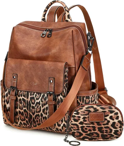 Miniatura 11 de AGLOD Mochila de cuero sintético para mujer, bolsos de viaje de moda para mujer, bolsos de viaje de trabajo de imitación, Beige- negro-marrón
