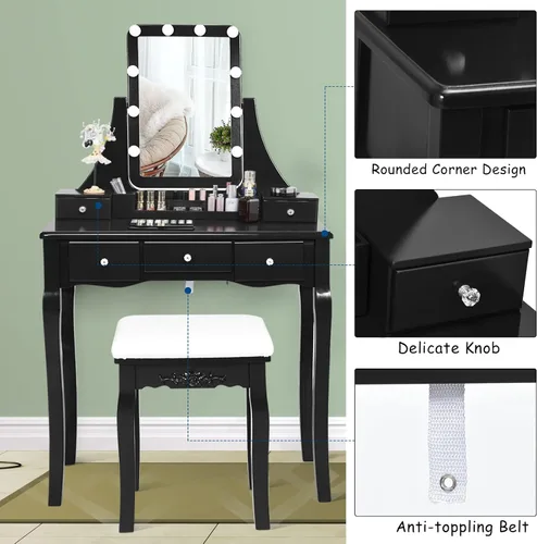 Miniatura 8 de LDAILY Juego de mesa de tocador con 10 luces LED, tocador de maquillaje con espejo cuadrado iluminado giratorio de 360°, taburete acolchado y 5