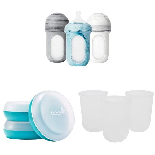 Boon NURSH - Biberones de silicona reutilizables y bollos de almacenamiento NURSH (paquete de 3), azul y blanco, 3 unidades (paquete de 1) y bolsa