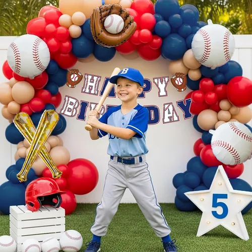 Miniatura 7 de Decoraciones de fiesta de cumpleaños de béisbol, arco de globos azul marino y rojo desnudo con bate de béisbol y guantes y pancarta de feliz