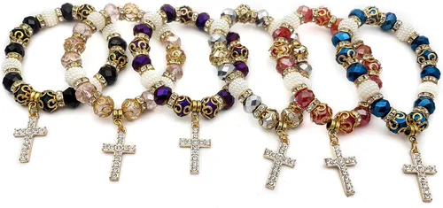Miniatura 5 de Pulsera elástica ajustable con cuentas de cristal azul profundo y cruz cristalizada católica