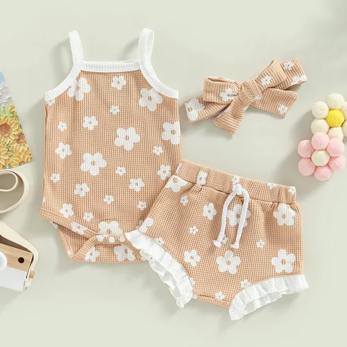 Miniatura 2 de Newborn Baby Girls Clothes Sets Waffle Floral Print Sleeveless Bodysuits+Ruffles Drawstring Summer Shorts+Headband