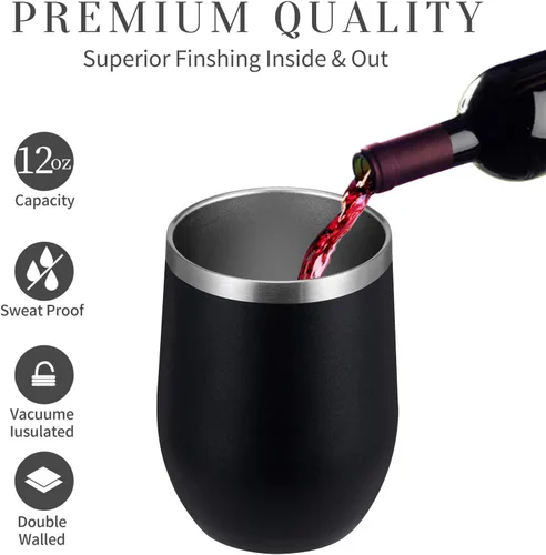 Miniatura 2 de MEWAY Vaso de vino sin tallo de 12 onzas con tapa, vaso de viaje de acero inoxidable con aislamiento de doble pared al vacío con popote, para Negro