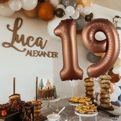 Miniatura 6 de Katchon Globos gigantes de papel de aluminio con el número 19 de color marrón de 40 pulgadas Decoraciones de cumpleaños 19