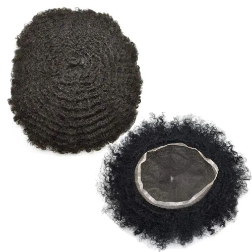 Miniatura 30 de Pelucas afro rizadas para hombre, con encaje francés, de 10 x 8 pulgadas, completamente transparente, de repuesto, sistema de cabello humano rizado