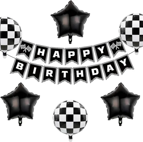 Miniatura 5 de Cartel de cumpleaños de coche de carreras, pancarta de feliz cumpleaños a cuadros, decoraciones de fiesta de autos de carreras, fiesta temática