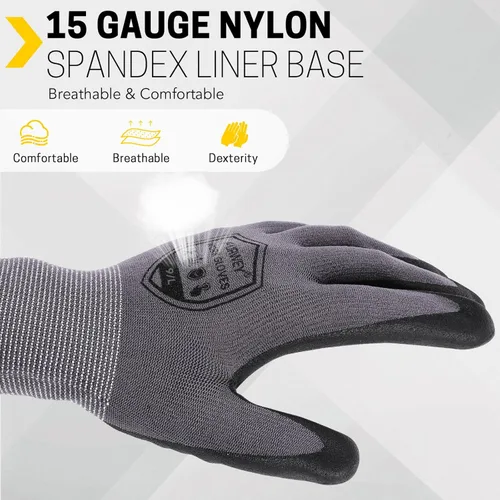 Miniatura 4 de FURWEY Safety Work Gloves-16/32Pairs, Micro Foam Nitrile Coated Glove,Seamless Knit Nylon Gloves for Men Women（S-XL Negro gris-16 pares