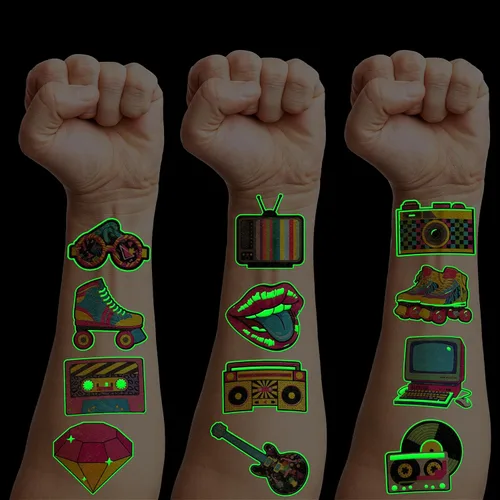 96 piezas de tatuajes temporales precortados que brillan en la oscuridad de los años 80 para decoración de fiesta de cumpleaños, suministros de