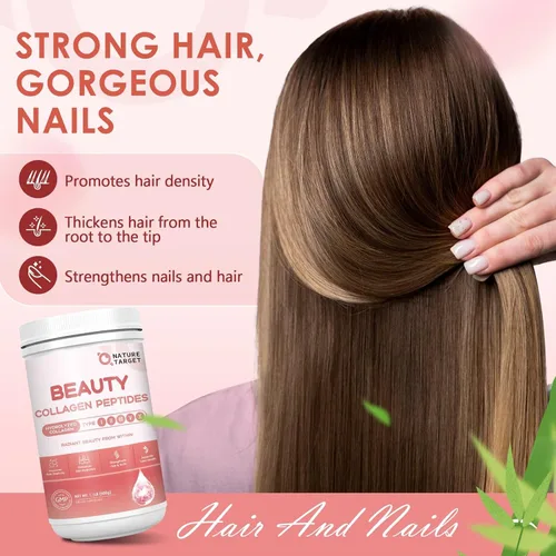 Miniatura 4 de NATURE TARGET Beauty - Polvo de péptidos de colágeno para mujeres, polvo de colágeno múltiple con vitamina C, biotina, ácido hialurónico, sin sabor