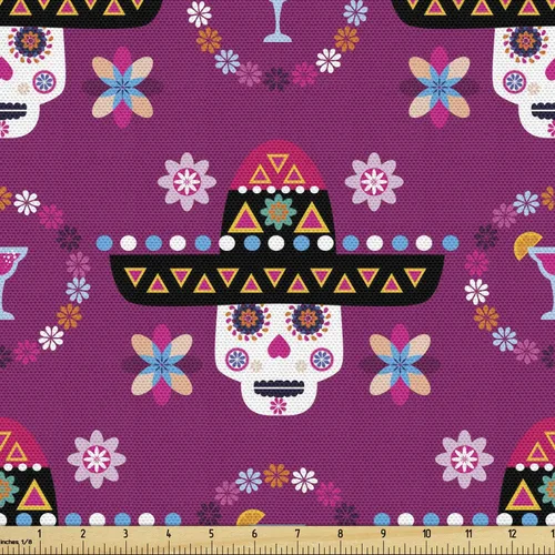 Miniatura 138 de Ambesonne The Yard, tela de calavera colorida con temática de Halloween, diseño de calavera y huesos cruzados, divertido estampado de dibujos