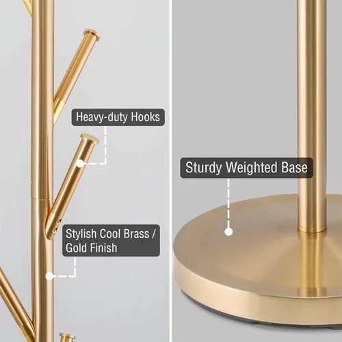 Miniatura 2 de Kira Home Addison - Perchero de pie moderno dorado de 68 pulgadas con 6 ganchos para colgar, elegante soporte de metal dorado con base pesada