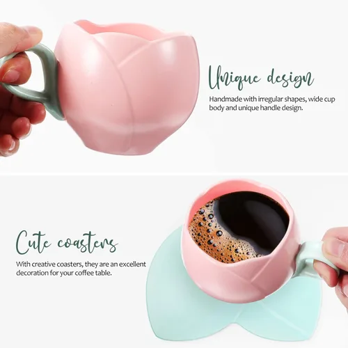 Miniatura 4 de UPKOCH Juego de tazas de café de cerámica con diseño de tulipán retro con platillos para uso diario en la cocina
