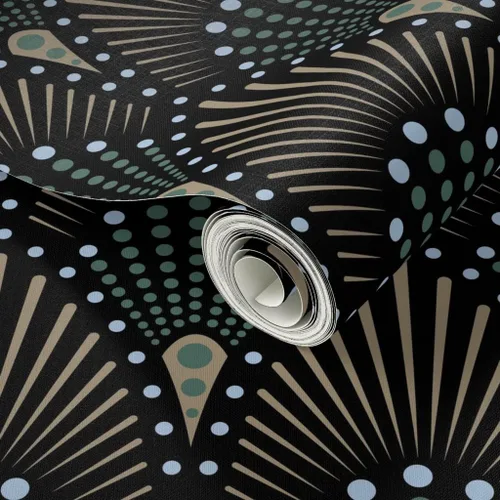 Miniatura 2 de Muestras de papel tapiz para despegar y pegar, ventilador Art Deco negro, verde, marrón, dorado, geométrico, puntos geométricos, papel tapiz