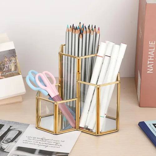 Miniatura 4 de Hipiwe Porta brochas de maquillaje de vidrio, 3 ranuras espejadas, organizador de brochas de cosméticos doradas, vitrina, caja de almacenamiento