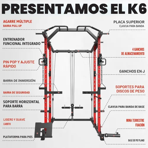 Miniatura 3 de Mikolo Jaula de Potencia, Rack de Potencia con Sistema de Cruce de Cables, 1500LBS Rack para Sentadillas con Sistema de Jalón LAT, Jaula de Rojo
