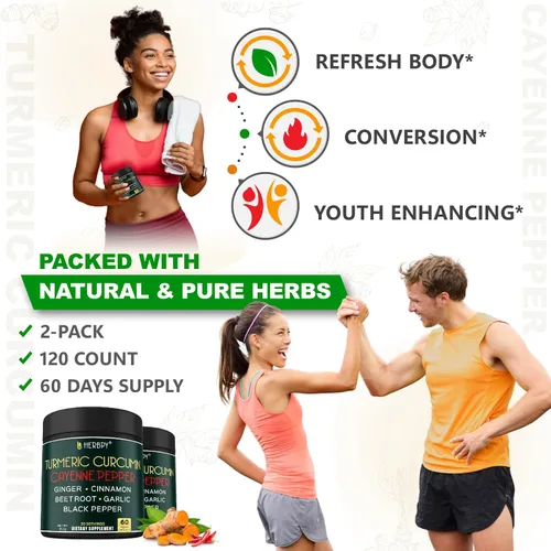 Miniatura 4 de Herbpy Suplemento 7 en 1 de pimienta de cayena y cúrcuma – Digestión, salud cerebral y cardíaca y apoyo inmunológico con Ceilán, ajo, raíz