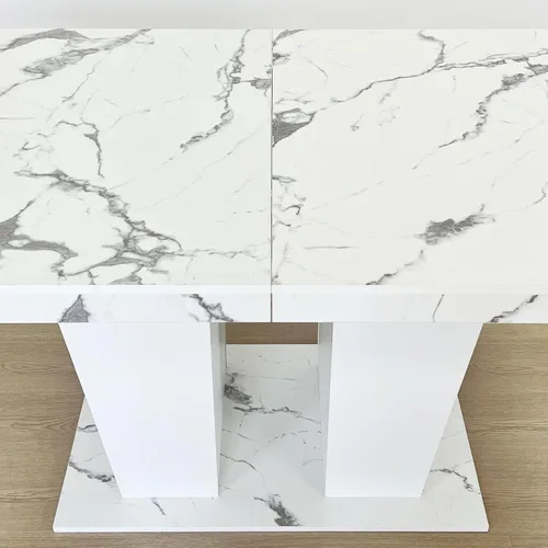 Miniatura 5 de Juego de mesa de comedor extensible de mármol sintético de 7 piezas para 6, mesa de comedor extensible blanca de 78.74 pulgadas con juego de 6