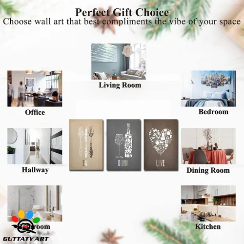Miniatura 7 de GUTTATY Decoración de pared de fotos de cocina, 3 piezas de lienzo de arte para pared, impresiones en lienzo de amor para comer y beber, arte