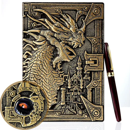Pajean Dragon Journal - Diario de cuero en relieve para escribir, diario antiguo de dragón con bolígrafo, papel rayado, cuaderno de regalo de tapa
