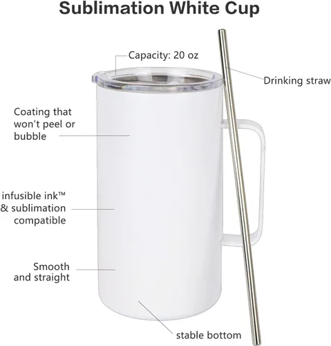 Miniatura 3 de 4 vasos delgados en blanco de sublimación de 24 onzas, tazas blancas con asa y pajita, taza recta de viaje de acero inoxidable de doble pared