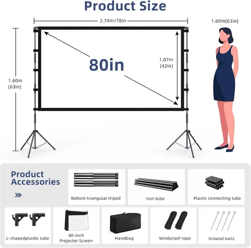 Miniatura 2 de Pantalla de proyector para exteriores, pantalla de proyector Vamvo con soporte, pantalla de proyector plegable portátil de 80 pulgadas, pantalla