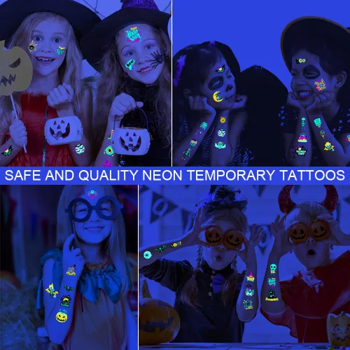 Miniatura 2 de 10 hojas de tatuajes temporales de neón de Halloween que brillan bajo los rayos UV, más de 95 estilos, impermeables, para fiestas de niños, niños