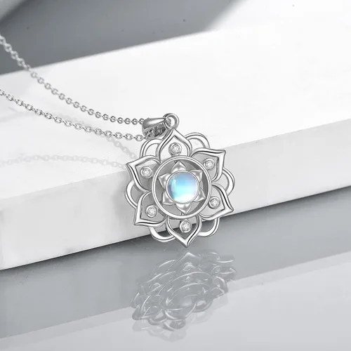 Miniatura 5 de Collar de loto de plata de ley 925, collar con colgante de piedra lunar, joyería de loto para yoga para mujer, Piedra de luna