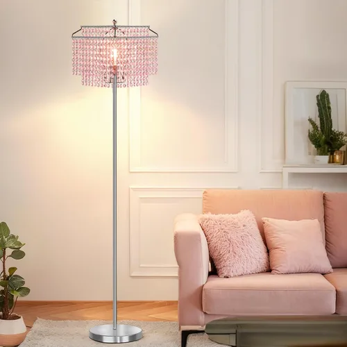 Miniatura 11 de Lámpara de pie de cristal morado, lámparas de pie de 64 pulgadas de alto con pantalla de doble capa, elegante lámpara de pie con interruptor de pie
