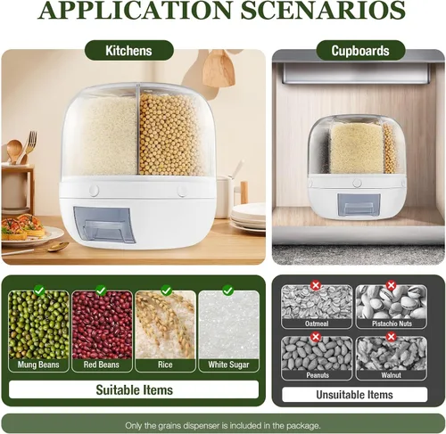 Miniatura 9 de LOYALHEARTDY Dispensador de arroz y granos de 6 rejillas, contenedores de arroz automáticos giratorios de 360°, cubo de arroz de 13 libras con taza