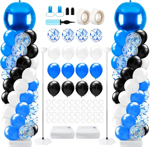 Miniatura 12 de Juego de 2 soportes de columna de globos de graduación dorados y negros para la clase de 2026, torre de arco de globos de suelo ajustable con globos