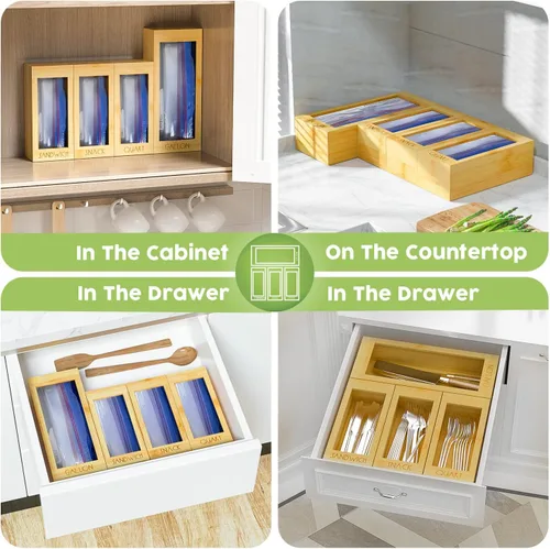 Miniatura 7 de DALSHABET Organizador de bolsas de almacenamiento de bambú, 4 bolsas separadas de almacenamiento de alimentos, dispensador organizador de bolsas