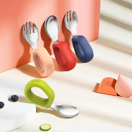 Miniatura 2 de Juego de cubiertos de tenedor y cuchara para niños, sin BPA, duraderos, seguros para niños pequeños, cubiertos para bebés para autoalimentarse más