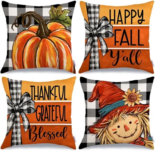 Miniatura 16 de GEEORY Juego de 4 fundas de almohada de otoño de 18 x 18 pulgadas, diseño de calabazas y tarros de masón, decoración agradecida, fundas de cojín
