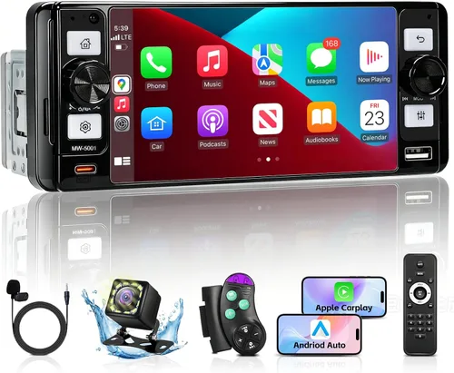 Estéreo de radio DIN único para automóvil con Apple Carplay inalámbrico y Android Auto, pantalla táctil IPS de 5.7 pulgadas estéreo para automóvil