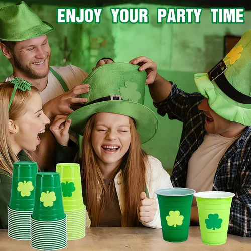 Miniatura 5 de FYSUIMU 50 vasos de plástico del día de San Patricio de 16 onzas desechables con trébol verde, vasos apilables para fiestas irlandesas, suministros