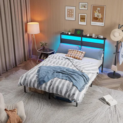 Miniatura 4 de OURPIC Estructura de cama de tamaño completo con cabecero, estructura de cama tamaño completo con luz LED y estación de carga, base de cama de Negro