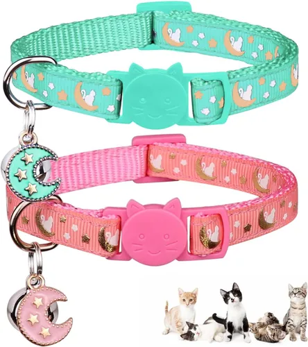 Miniatura 18 de Baeuppit 2 collares de gatos separables para niños y gatos, ajustables, con campana, color negro y azul claro Negro + azul claro