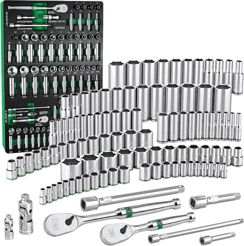 SK Juego de llaves de transmisión de 1/4" y 3/8" con trinquete de 160 dientes, 105 piezas, SAE y métrico, acabado SuperKrome, construcción premium